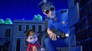 Alvin (l.) unterst&uuml;tzt den Officer bei der Polizeiarbeit und nimmt die F&auml;hrte des Fahrraddiebes auf.