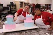 Jess and Liz working on the gender reveal cake.