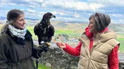 Greifenwarte auf Burg Guttenberg: Annette Krause (rechts) mit Oberfalknerin Nathalie Denholf (links)