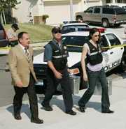 Capt. Brass (Paul Guilfoyle, li.), Grissom (William Petersen) und Sara (Jorja Fox) werden zu einem Schlachtfeld der besonderen Art gerufen: In einer Garage liegen zwei blut&uuml;berstr&ouml;mte M&auml;nner, die offensichtlich mit einer Kettens&auml;ge ermordet wurden...