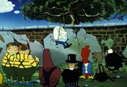 Im Bild: Humpty Dumpty’s Krawatte hat sich in einer Astgabel verfangen und somit seinen Sturz von der Mauer aufgefangen. Die Wunderland Bewohner würden ihn gerne aus seiner unangenehmen Lage befreien, doch Humpty Dumpty lehnt ab. Er besteht darauf, dass der König persönlich ihn rettet. Im Bild: Humpty Dumpty’s Krawatte hat sich in einer Astgabel verfangen und somit seinen Sturz von der Mauer aufgefangen. Die Wunderland Bewohner würden ihn gerne aus seiner unangenehmen Lage befreien, doch Humpty Dumpty lehnt ab. Er besteht darauf, dass der König persönlich ihn rettet.