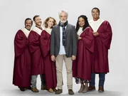 (v.l.n.r.) Reverend Jax (Rizwan Manji); Wayne (Will Greenberg); Ginny (Anna Camp); Arthur Cochran (Bradley Whitford); Adams Adams (Tymberlee Hill); Dwayne (Geno Segers)