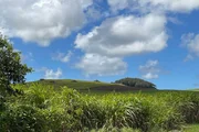 Wolkenhimmel &uuml;ber dem gr&uuml;nen H&uuml;gel des Piton de la D&eacute;couverte auf Mauritius, im Vordergrund Zuckerrohrfelder.