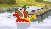 Dr. Brumm und Pottwal schwimmen auf dem See.