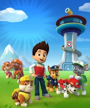 Pictured: (l-r) Skye, Zuma, Rubbble, Ryder, Chase, Marshall and Rodcky in PAW PATROL on NICKELODEON.