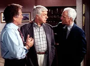 Mark (Dick Van Dyke, M.) wird durch die widerspr&uuml;chlichen Aussagen von Senator Bell (Michael Cole, l.) und dessen Vertrauten Peter Trent (John Rubinstein, r.) misstrauisch.