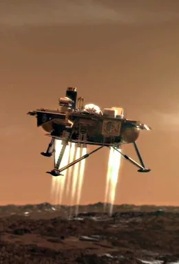 Dieses Bild zeigt den Marslander &bdquo;Phoenix&ldquo; der NASA w&auml;hrend seines Abstiegs zur Marsoberfl&auml;che im Jahr 2008.