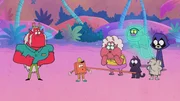 v.li.: Trigon, Pinocchio, Nana, Cat, Hank, Winnie-the-Pooh Book, Raven