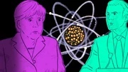 Grafik von Angela Merkel und Emmanuel Macron vor einem Atomkern