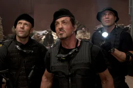 L-R: Lee Christmas (Jason Statham), Barney Ross (Sylvester Stallone), Toll Road (Randy Couture)