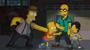 Während Homer (l.) den neuen Nachbarn Terence (2.v.r.) cool findet, kann Bart (2.v.l.) mit dessen Sohn T-Rex (r.) nichts anfangen. Probleme sind vorprogrammiert ... Während Homer (l.) den neuen Nachbarn Terence (2.v.r.) cool findet, kann Bart (2.v.l.) mit dessen Sohn T-Rex (r.) nichts anfangen. Probleme sind vorprogrammiert ...