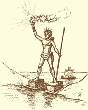 Illustration of a series of vector drawings for the Seven Wonders of the Ancient World. Colossus of Rhodes, a statue of the Greek Titan Helios, erected in the city of Rhodes, on the Greek island