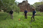 Keith "Cappy" Plaskett, Mehgan Heaney-Grier, and Jeremy Whalen gridding and metal detecting near the Santa Ana Mission.