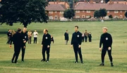 Training der Nationalmannschaft bei der WM 1966 (von l. nach r. Siegfried Held, Uwe Seeler, Franz Beckenbauer, Helmut Haller).