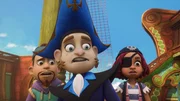 K&auml;pt'n Yogatee, K&auml;pt'n Flint und K&auml;pt'n S&auml;belrost sind wenig erfreut beim Anblick des fiesen Inspekteurs der Pirate Academy.
