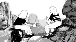 Lovis sitzt mit ihrer Freundin auf einem Felsen.