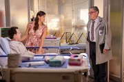 CHICAGO MED -- "A Game of Inches" Episode 1102 -- Pictured: (l-r) James Immekus as Miles Weller, Gina Vitori as Emerald Atwell, Oliver Platt as Dr. Daniel Charles