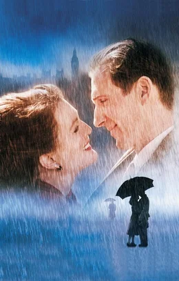 Plakatmotiv des Films "Das Ende einer Aff&auml;re". Sarah (Julianne Moore) und ihr Liebhaber Maurice (Ralph Fiennes) im Regen vor der Silhouette Londons.