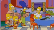 Als Marge (2.v.r.), Maggie (3.v.r.), Lisa (M.) und Bart (l.) Grampa (2.v.l.) aus dem Altenheim abholen, passt Homer (r.) auf Familienhund Knecht Ruprecht auf - und sperrt ihn versehentlich im Schrank ein. Ein fataler Fehler ...