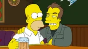 Nach einem Gespr&auml;ch mit einem Unbekannten (r.) in Moes Taverne ist Homer (l.) &uuml;berzeugt, dass der Weltuntergang naht ...