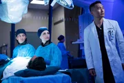 "The Good Doctor", "Risiko und Ertrag." Dr. Han, neuer Chefarzt der Chirurgie, ist eine Koryph&auml;e, gleichzeitig stellt er hohe Anspr&uuml;che an sein Personal. Schon bald stechen Shauns Schwierigkeiten mit fehlendem Einf&uuml;hlungsverm&ouml;gen bei Angeh&ouml;rigengespr&auml;chen heraus. Da Shaun sich auf diesem Gebiet noch nicht verbessert hat, will Dr. Han ihn weiter beobachten. Erneut kann Shaun jedoch Pluspunkte sammeln, als er in einer Notsituation einen genialen Einfall hat und so das Leben des Neugeborenen rettet.Im Bild (v.li.): Will Yun Lee (Dr. Alex Park), Fiona Gubelmann (Dr. Morgan Reznick), Daniel Dae Kim (Dr. Jackson Han).