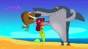 W&auml;hrend Hy&auml;ne Zig (li.) die h&uuml;bsche Meerjungfrau (Mi.) am liebsten verspeisen w&uuml;rde, passt sein bester Freund Sharko darauf auf, dass ihr niemand ein Haar kr&uuml;mmt.