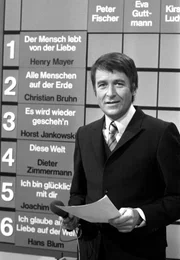 "Ein Lied für Dublin" am 27. Februar 1971: Moderator Günther Schramm. Es siegte das Lied "Diese Welt" von Dieter Zimmermann und Fred Jay, interpretiert von Katja Ebstein. "Ein Lied für Dublin" am 27. Februar 1971: Moderator Günther Schramm. Es siegte das Lied "Diese Welt" von Dieter Zimmermann und Fred Jay, interpretiert von Katja Ebstein.
