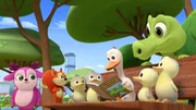 Lola (l.), Ricardo (2.v.l.), Ian (4.v.r.), Catherine the Crocodile (oben, r.)