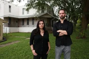 Hosts Katrina Weidman and Nick Groff stand in front of Malvern Manor.