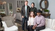 Hosts Chip (L) and Joanna Gaines (CL) pose for a portrait with homeowners Denitia (CR) and Norris Blount (R) in their renovated house, as seen on Fixer Upper. (after, interior, portrait)