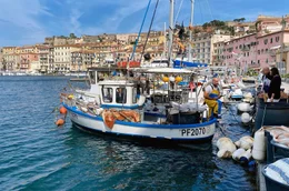 Malerische Hafenstadt: Fischerboote im alten Hafen von Portoferraio vor der italienischen Insel Elba