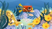 Mia erkundet die Unterwasserwelt.