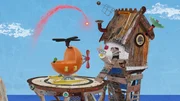 Mit einer Leuchtrakete rufen Salty und Lily Jette mit ihrem Hubschrauber, damit sie Puffin an Land bringen kann, wo ihn die Freunde sauber machen.