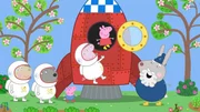 Oma Wutz (mi.) und ihre Freundinnen (li.) spielen heute die Apollo-Mondlandung nach. Peppa (o.mi.) und Schorsch schlie&szlig;en sich an. Opi M&uuml;mmel (re.) leiht ihnen sogar seine Rakete aus. Als alle an Bord sind, startet Opi M&uuml;mmel die Rakete und fliegt bis zum Mond.