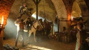 v.li.: Knappe Lorenz (Ben Felipe), Prinz Bosco (Max von der Groeben), Kurgunde von Sprengel (Elena Uhlig).