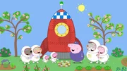 Oma Wutz (re.), ihre Freundinnen (li.), Peppa und Schorsch (mi.) spielen heute die Apollo Mondlandung nach. Opi M&uuml;mmel (2.v.re.) leiht ihnen dazu sogar seine Rakete aus. Opa Wutz (mi.) empf&auml;ngt die Astronauten nach ihrer Landung zur&uuml;ck auf der Erde.