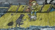 Nicht nur die Sturmflut bedroht das M&auml;dchen und seine Ziege, nun ist es auch noch ein Wolf!