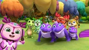 Vorne: Lola (l.). Hinter, vli.: Catherine the Crocodile, Bobbi, Rammy, Kai.