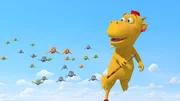 Der Himmelsdrache Xiexie hat eine Idee, wie der aufdringliche Vogelschwarm von Big Bo weggelockt werden kann. Der Himmelsdrache Xiexie hat eine Idee, wie der aufdringliche Vogelschwarm von Big Bo weggelockt werden kann.
