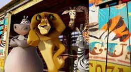 V.l.: Gloria, Alex, Melman und Marty f&uuml;hlen sich in der afrikanischen Wildnis nun doch nicht so wohl. Sie schl&uuml;pfen bei einem Wanderzirkus unter und reisen so nach Europa.