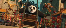 Po (Jack Black, center), Tigress (Angelina Jolie, right) and Monkey (Jackie Chan, left) are back in action chasing a runaway rickshaw in DreamWorks Animation's KUNG FU PANDA 2 to be released by Paramount on May 26, 2011.