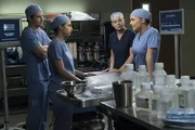 Ein ICE-Agent taucht im Krankenhaus auf und sorgt bei DeLuca (Giacomo Gianniotti, l.), Sam (Jeanine Mason, 2.v.l.), Meredith (Ellen Pompeo, 2.v.r.) und Jo (Camilla Luddington, r.) f&uuml;r Schwierigkeiten, als er nach einem Angestellten sucht, der sich nur wegen des besonderen "Dreamer" Abkommens in den USA aufhalten durfte ...