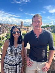 Dan and Interviewee Dr Shushma Malik on the Palatine Hilll overlooking the Roman Forum and the Colosseum