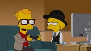Bart (l.) erz&auml;hlt Lisa (r.) im Woody-Allen-Stil aus dem Film "Der Stadtneurotiker" seine Liebesgeschichte mit Mary ...