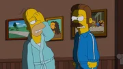 Homer (l.) l&auml;dt sich selbst zum Fr&uuml;hst&uuml;ck bei Ned Flanders (r.) ein und f&auml;ngt an, sich mit seinen Eltern anzufreunden. Mehr noch, er stiftet sie zu allerlei Unsinn an. Das provoziert Ned derma&szlig;en, dass er zuschl&auml;gt und Homer ein blaues Auge verpasst ...