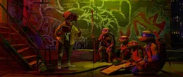 L-r, APRIL O&rsquo;NEIL, DONATELLO, RAPHAEL, MICHELANGELO, LEONARDO