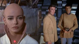 on the left Ilia (Persis Khambatta), on the right Captain Kirk (William Shatner) and Spock (Leonard Nimoy)