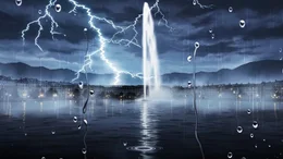 Jet d'eau mit Gewitter. KI-generiert.