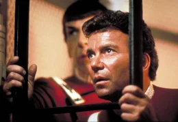 Leonard Nimoy (Spock), William Shatner (Admiral Kirk).