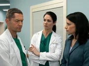 Dr. Kaminski (Udo Schenk, links) trifft in der Klinik auf Andrea Wollenberg (Stefanie H&ouml;ner, rechts). Andrea ist die Frau seines Patienten und noch dazu Urologin, also eine Kollegin Kaminskis. Dr. Elena Eichhorn (Cheryl Shepard) f&auml;llt der harsche Ton zwischen beiden auf. Doch als sie erf&auml;hrt, dass Andrea w&auml;hrend ihrer Facharztausbildung mit Kaminski zu tun hatte, ahnt sie, woher dieser Hass kommt.